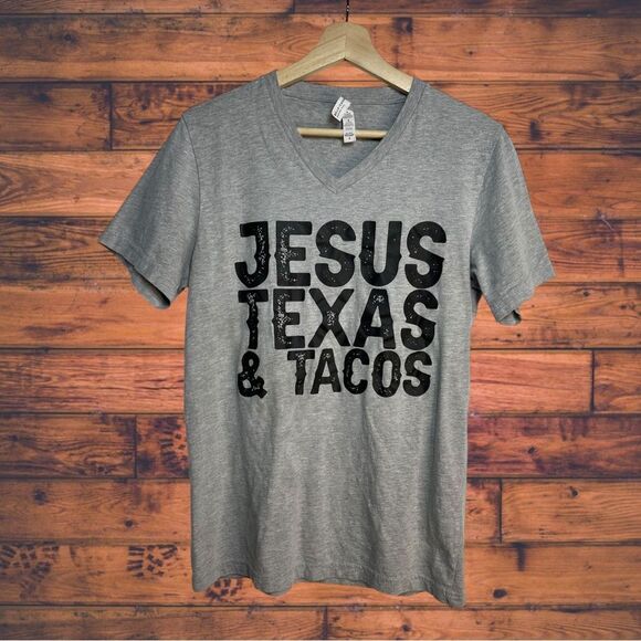 5 for $25🔥Bella Canvas "Jesus Texas & Tacos" Grey T-Shirt Medium - Picture 1 of 5